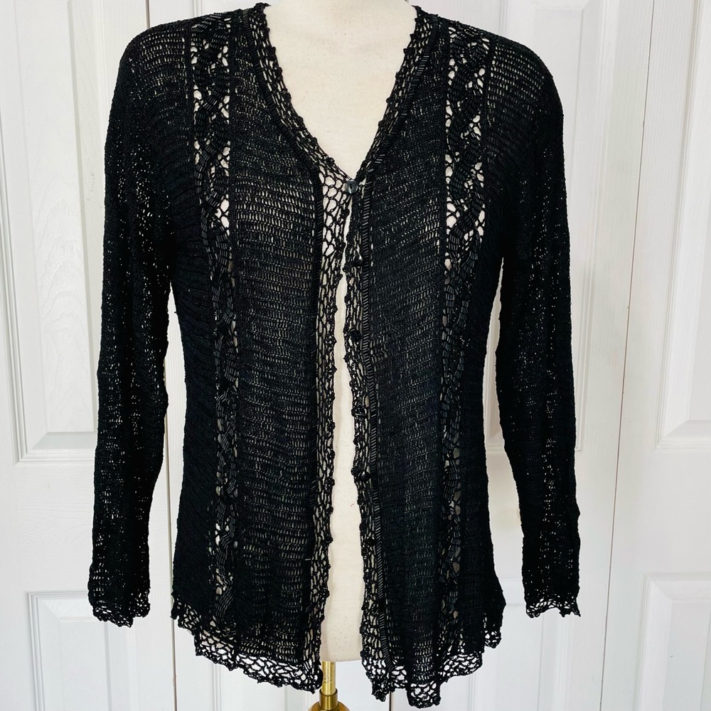 Vintage Express Tricot Black Crochet Beaded Button up Openwork Cardigan